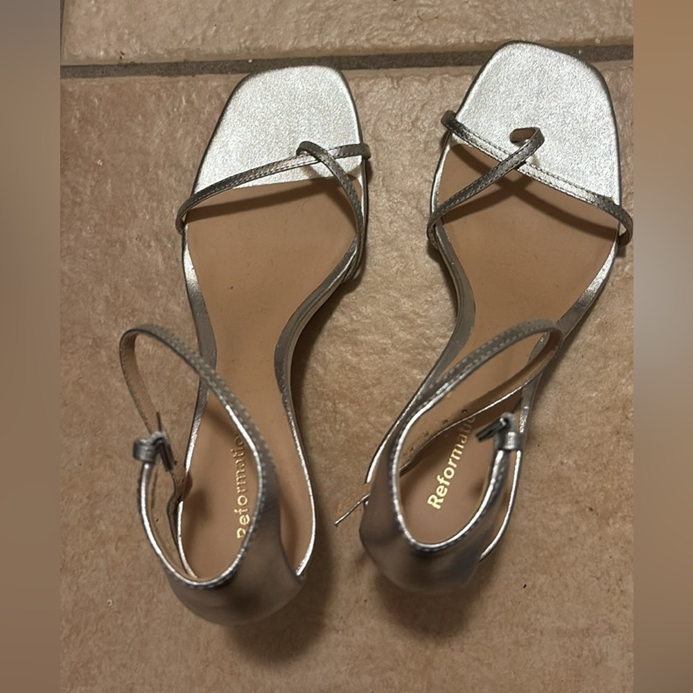 Reformation Silver Strappy Heels